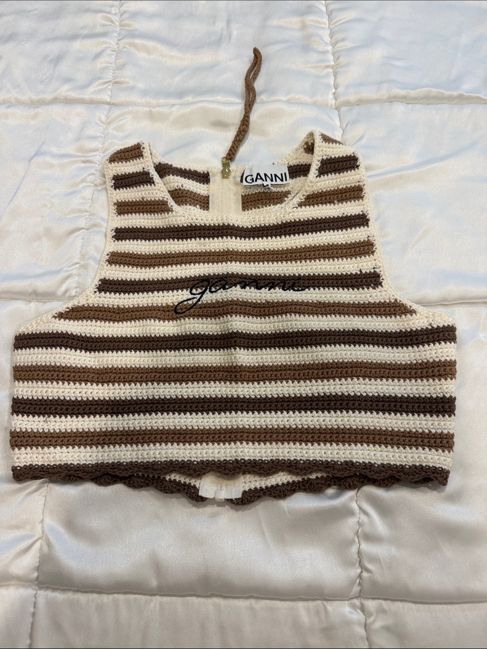 Ganni Brown and Cream Striped Crochet Crop Tank